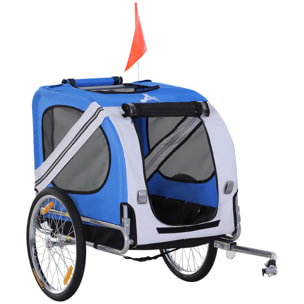 Remorque vélo pour chien animaux pliable 8 réflecteurs drapeau barre attelage inclus acier polyester imperméable max. 30 Kg 130L x 73l x 90H cm bleu blanc