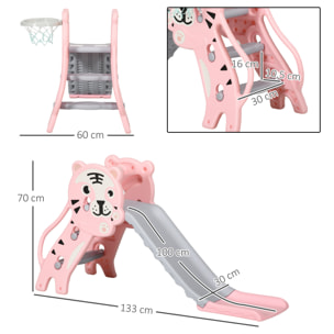 Tobogán Infantil 3 en 1 Tobogán para Niños de 18 a 36 Meses con 2 Escaleras 1 Canasta de Baloncesto y Patrón de Animal para Interior 133x60x70 cm Rosa y Gris