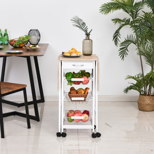 Carrito de Cocina Plegable Carrito Auxiliar con 6 Ruedas 1 Cajón y 3 Cesta de Metal Carro de Servicio Multifuncional para Almacenamiento Carga 50 kg 97,2x37x77,5 cm Blanco y Roble