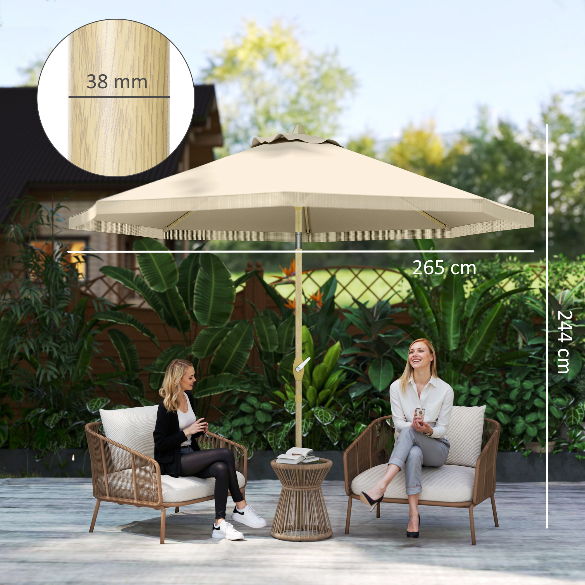 Sombrilla Terraza Exterior, Ø265x244 cm, Sombrilla de Jardín con Ángulo Ajustable, Manivela, Flecos de Estilo Boho, Impermeable, Parasol para Patio, Terraza, Crema