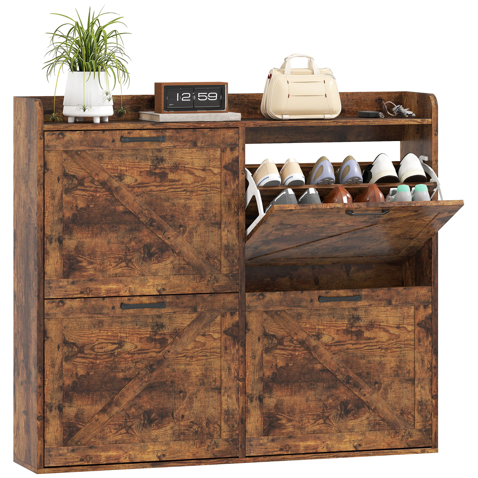 Mueble Zapatero de 4 Puertas Zapatero Estrecho con Estantes Ajustables Estilo Industrial para 24 Pares de Zapatos Mueble Auxiliar para Recibidor Entrada 120x24x103 cm Marrón Rústico