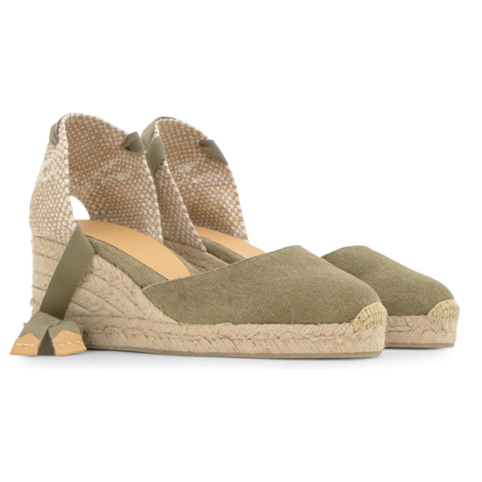 Alpargata de cuña 6 cm en lona de algodón con cintas al tobillo y talonera trenzada