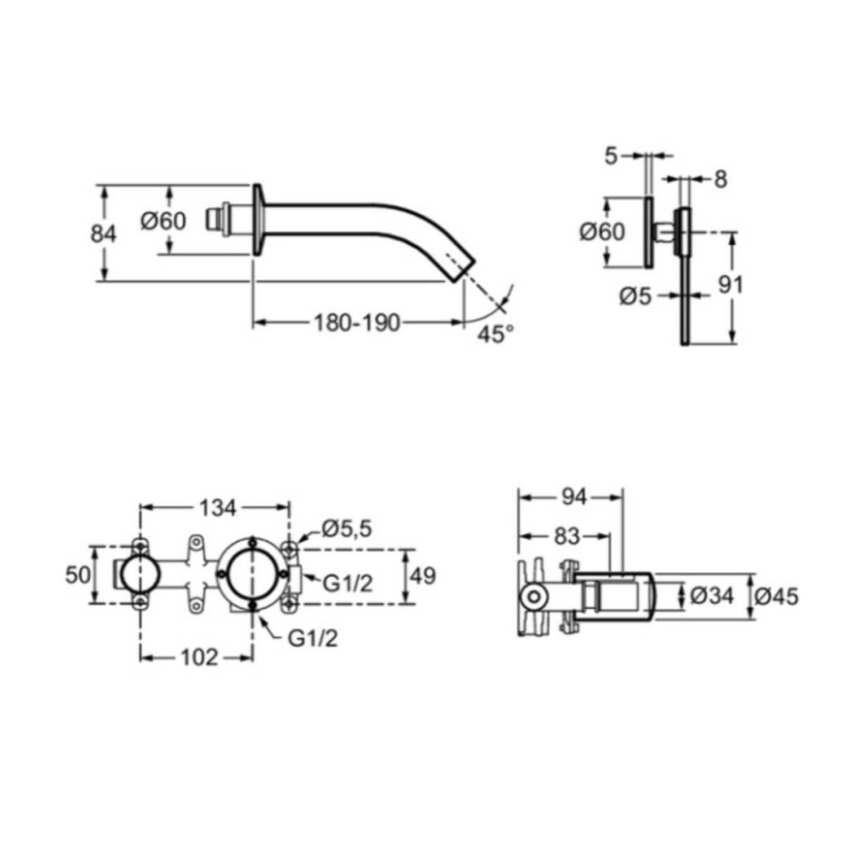 Miroir LED rond 2 trous + mitigeur lavabo encastré Grands Boulevards Chromé + corps encastré