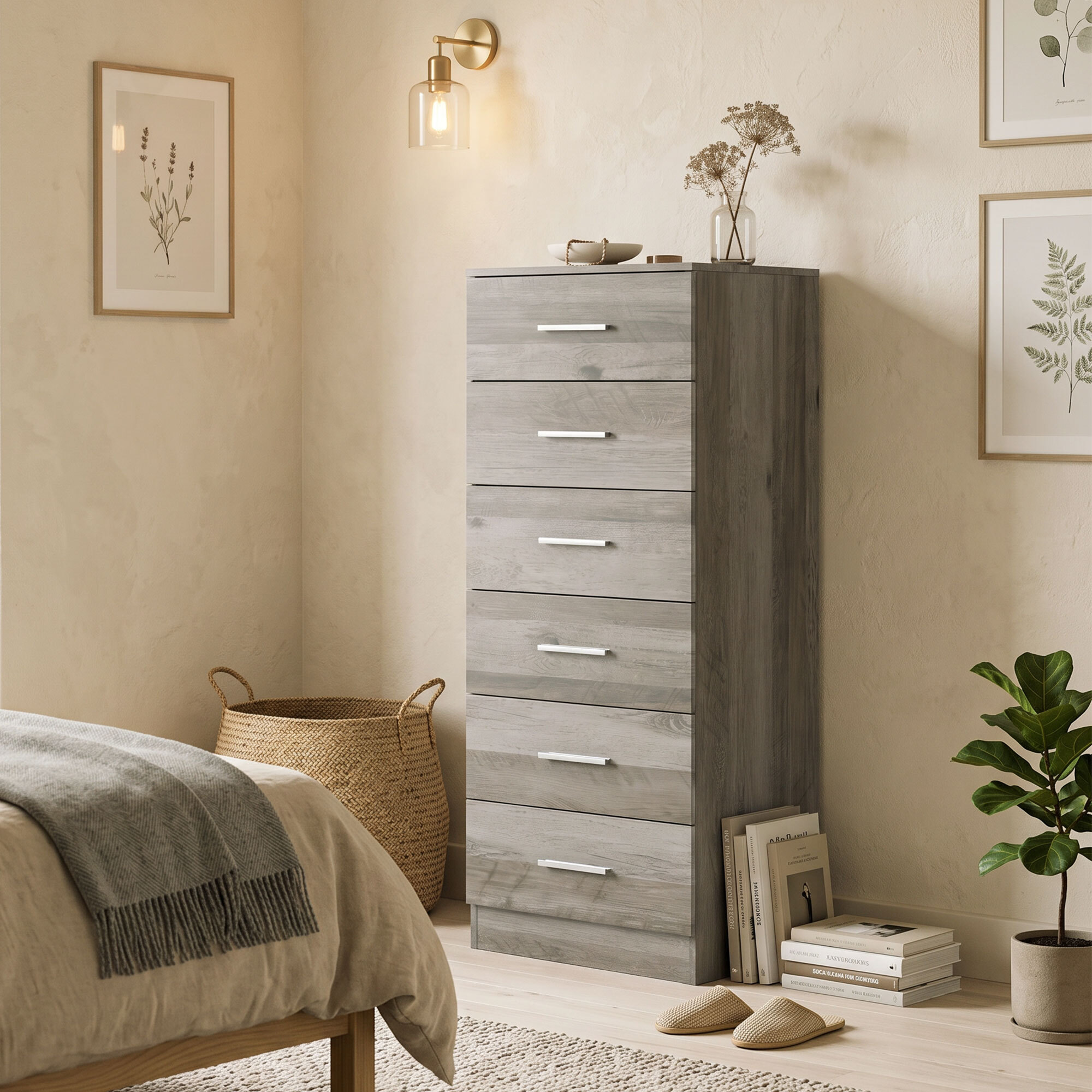 Cómoda de 6 Cajones, Cajonera para Dormitorio Alta y Estrecha, Sinfonier para Salón, Vestidor, Entrada, 40x40x110 cm, Gris Claro