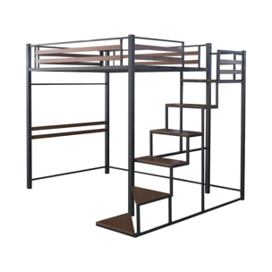 Lit mezzanine en métal avec escalier "LENA" - 140 x 190 cm - Noir et marron noyer