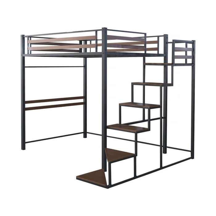 Lit mezzanine en métal avec escalier "LENA" - 140 x 190 cm - Noir et marron noyer