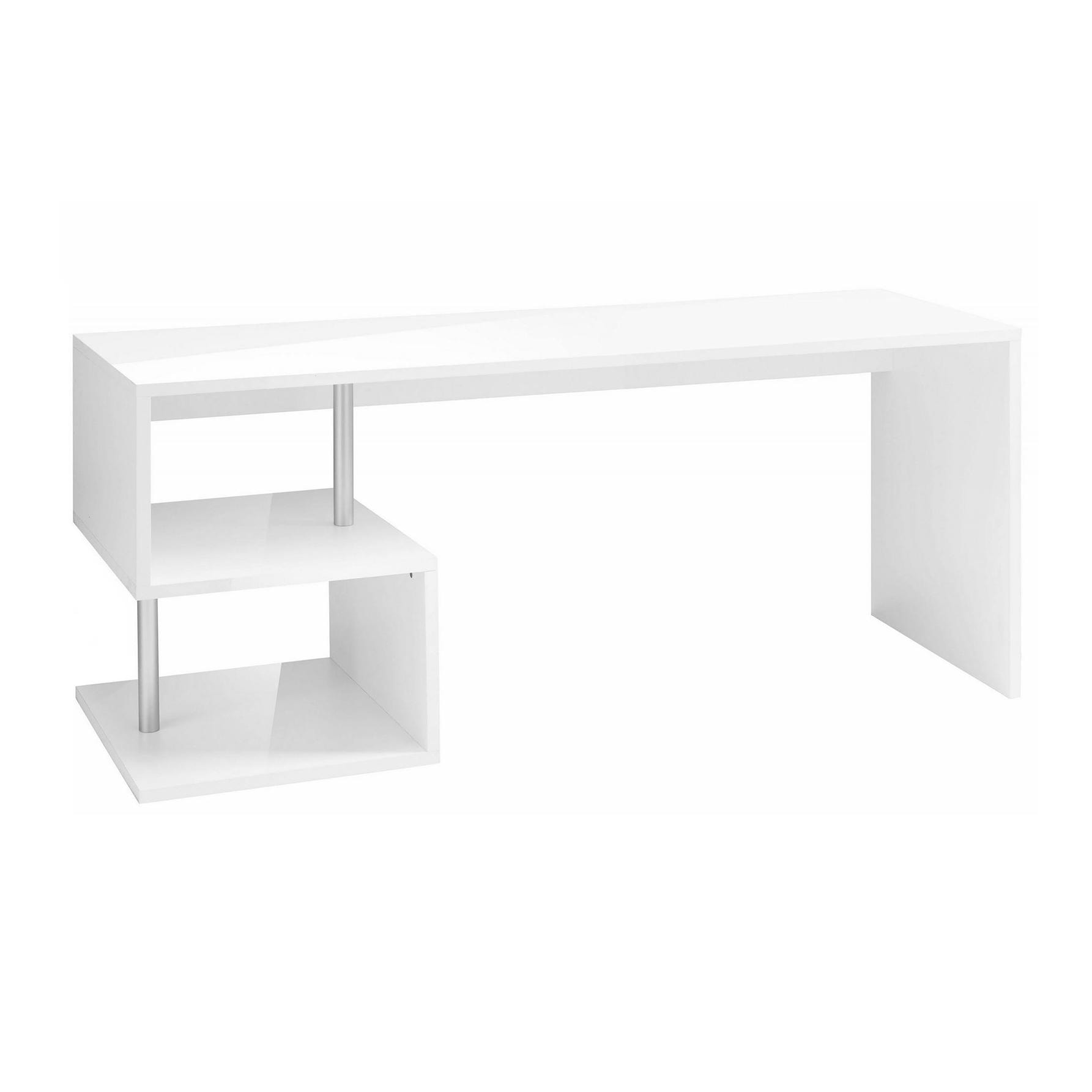 Scrivania moderna ad Esse per ufficio e studio con scaffale, Made in Italy, Tavolo da computer, Scrittoio porta PC, cm 180x60h78, colore Bianco lucido