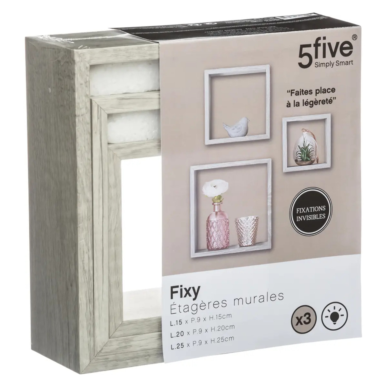 3 petites étagères murales cube Effet chêne gris Fixy