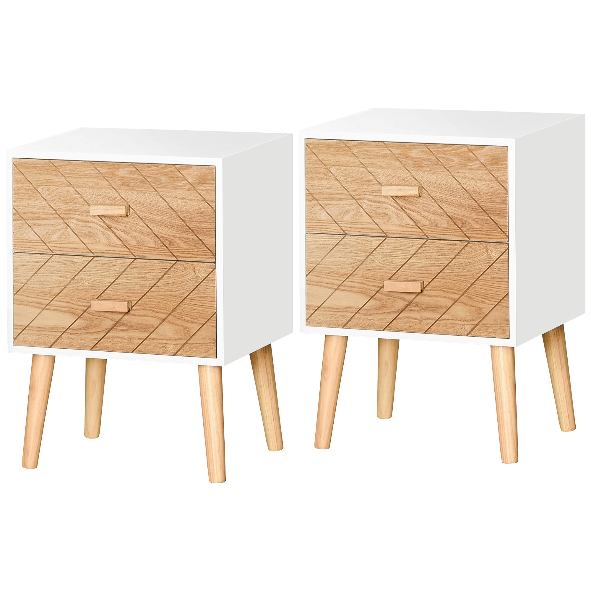 Lot de 2 chevets tables de nuit design scandinave - total 4 tiroirs - bois pin MDF blanc hêtre motif graphique