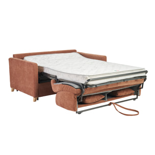 Canapé convertible 2-3 places en tissu effet velours terre brûlée et bois clair avec matelas 13 cm SKANDY