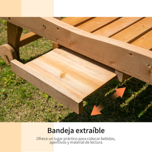 Tumbona de Madera Exterior Silla Reclinable de Jardín con 2 Ruedas Respaldo Ajustable en 3 Niveles y 1 Bandeja Carga 130 kg para Terraza Patio Natural