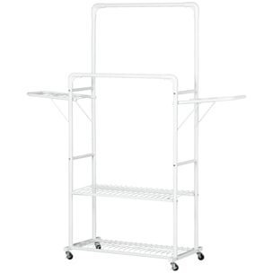 Tendedero de Ropa con Ruedas Tendedero Vertical de Acero con 2 Alas Plegables 2 Rieles Colgantes y 2 Estantes de Almacenamiento 153x43,7x171 cm Blanco