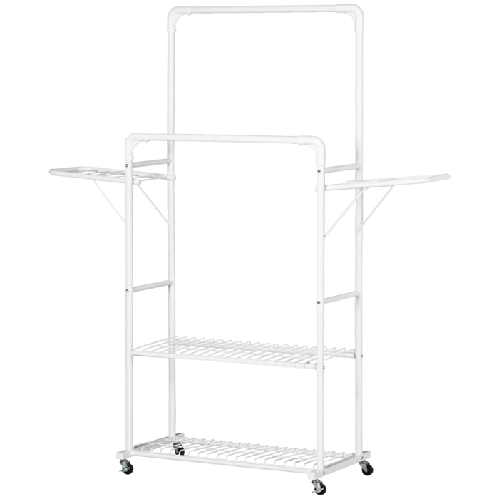 Tendedero de Ropa con Ruedas Tendedero Vertical de Acero con 2 Alas Plegables 2 Rieles Colgantes y 2 Estantes de Almacenamiento 153x43,7x171 cm Blanco