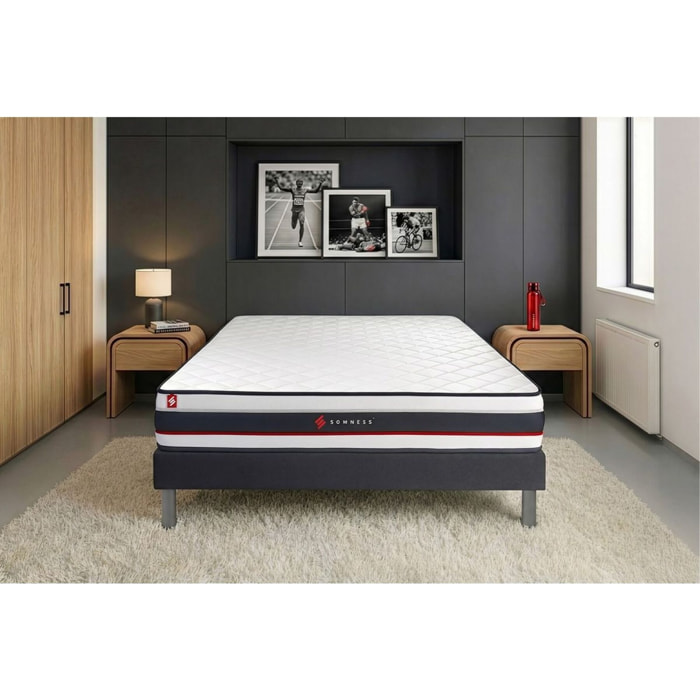 Ensemble - Matelas Mousse haute densitée avec micro-cellules d'air 19cm d'épaisseur - 1 zone de confort - Confort très ferme - Sommier tapissier en kit - 2 places