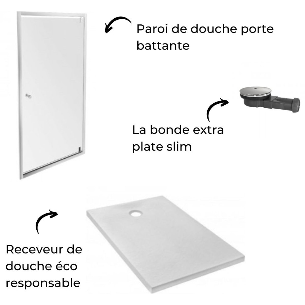 Receveur Ipso + paroi porte pivotante + bonde