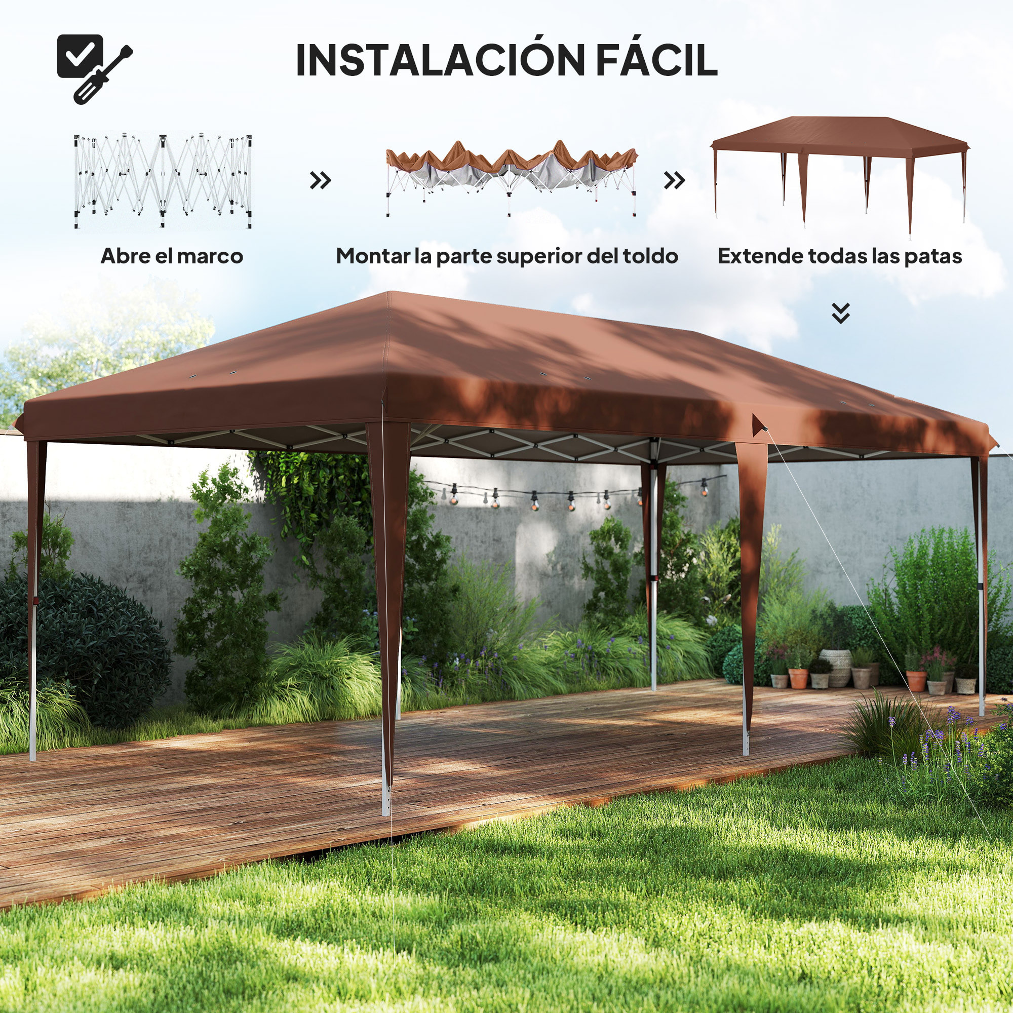 Carpa Plegable Gazebo 6x3 m Pop-up, Cenador Plegable con Altura Ajustable en 3 Niveles Toldo Anti-UV y Bolsa de Transporte para Camping Fiestas Café