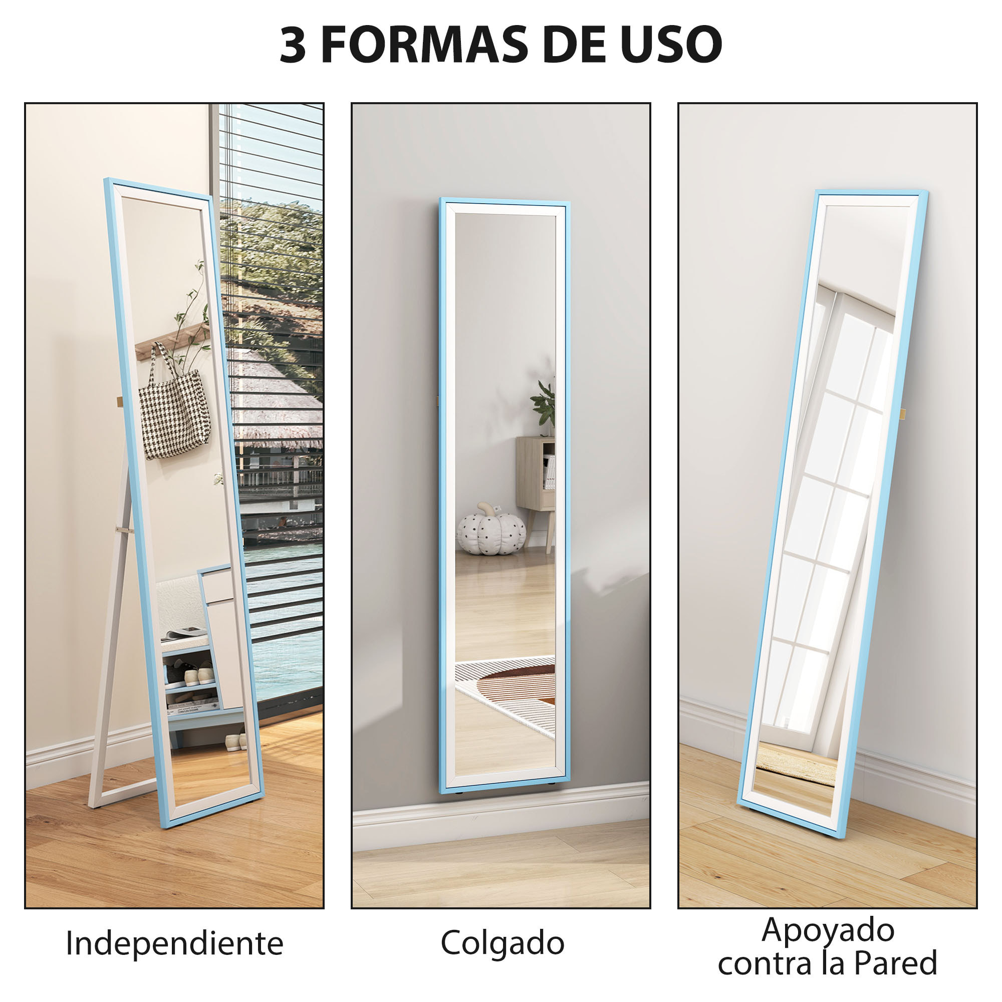 Espejo de Pie Cuerpo Entero 157x37 cm, Espejo Grande de Pared con Marco Bicolor, de Pie, Inclinado o Colgante, para Salón, Dormitorio, Pasillo, Entrada, Blanco y Azul