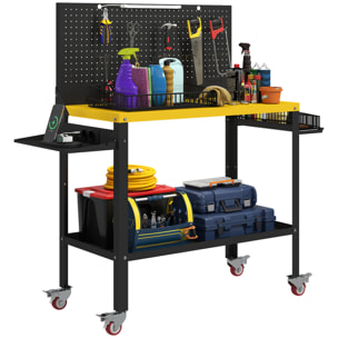 Banco de Trabajo con Panel Perforado y Ruedas, Mesa de Trabajo con Enchufes, USB, Luz LED y Estructura Metálica, Carga 300 kg, Banco para Garaje o Taller, 128x49,5x127,5 cm, Negro y Amarillo