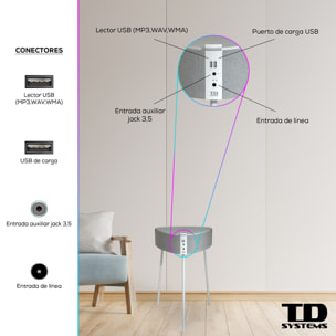 Mesa auxiliar altavoz portátil con sonido de 20W, Bluetooth, Base de carga inalámbrica, batería de 2500mAh. Mesilla o mesita para dormitorio o sala de estar - TD Systems SM20B11P