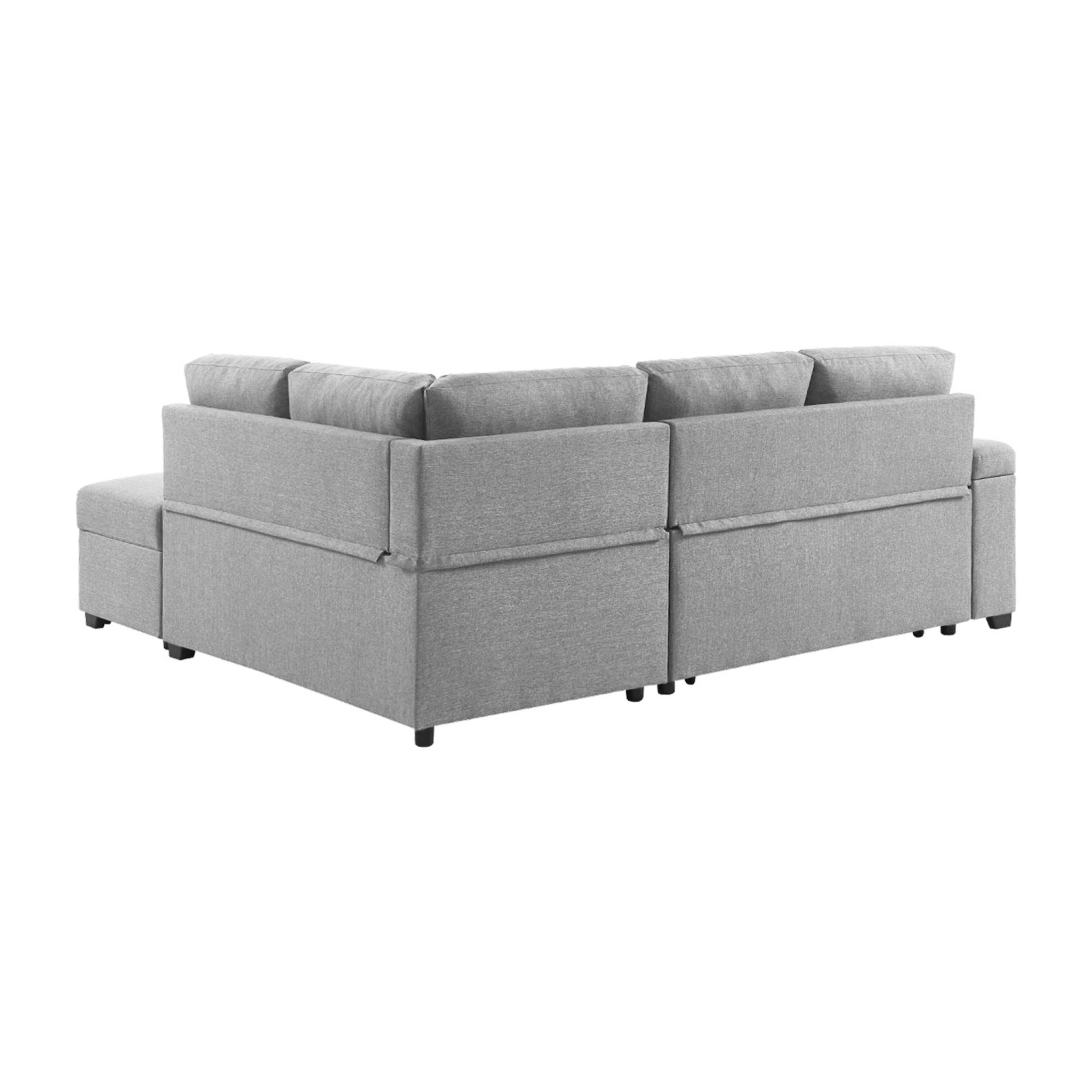 Canapé d'angle convertible. 3 places en tissu gris clair avec pouf