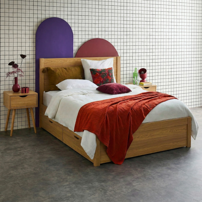 Lit avec sommier à lattes et tête de lit 140 x 190cm + 4 tiroirs décor bois NEPAL