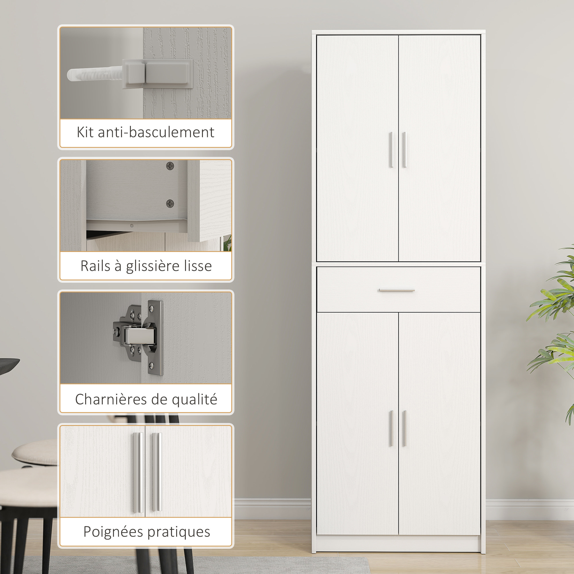 Armoire de cuisine multi-rangement - 4 portes, 2 étagères, tiroir - dim. 60 x 35 x 180 cm - effet bois blanc