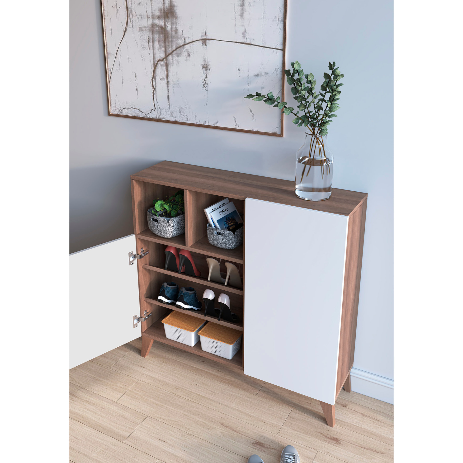 Zapatero Oslo melamina nogal puertas blanco 87x90x27 cm