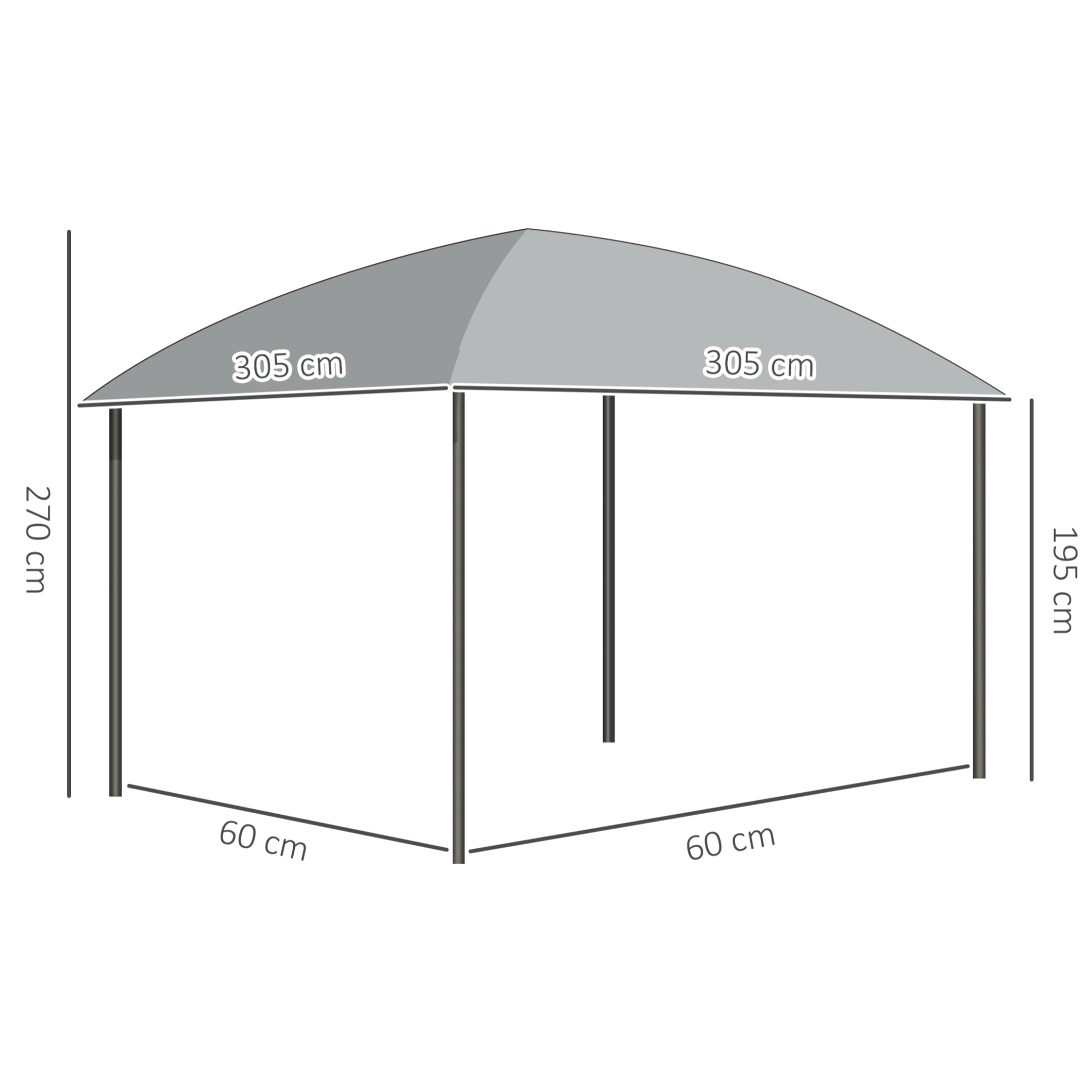 Pavillon de jardin barnum rigide dim. 3,05L x 3,05l x 2,7H m 4 rideaux zippés alu. acier polycarbonate noir polyester gris