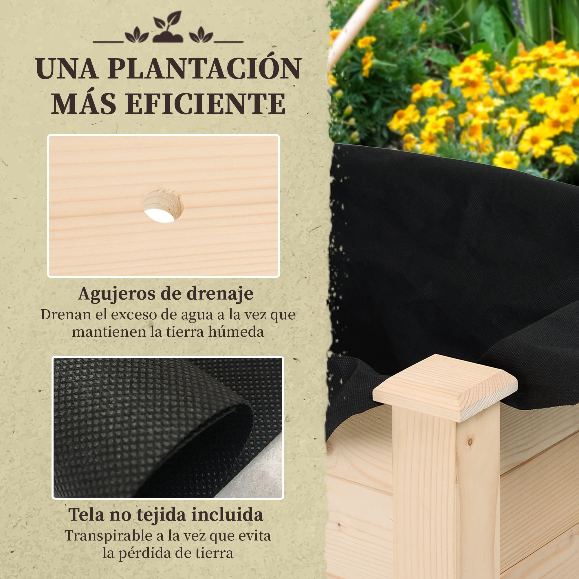 Huerto Urbano Elevado de Madera 86x46x76 cm Mesa de Cultivo Jardinera Elevada con Tela no Tejida y 4 Orificios de Drenaje para Cultivos Plantas Flores Jardín Terraza Exterior Natural