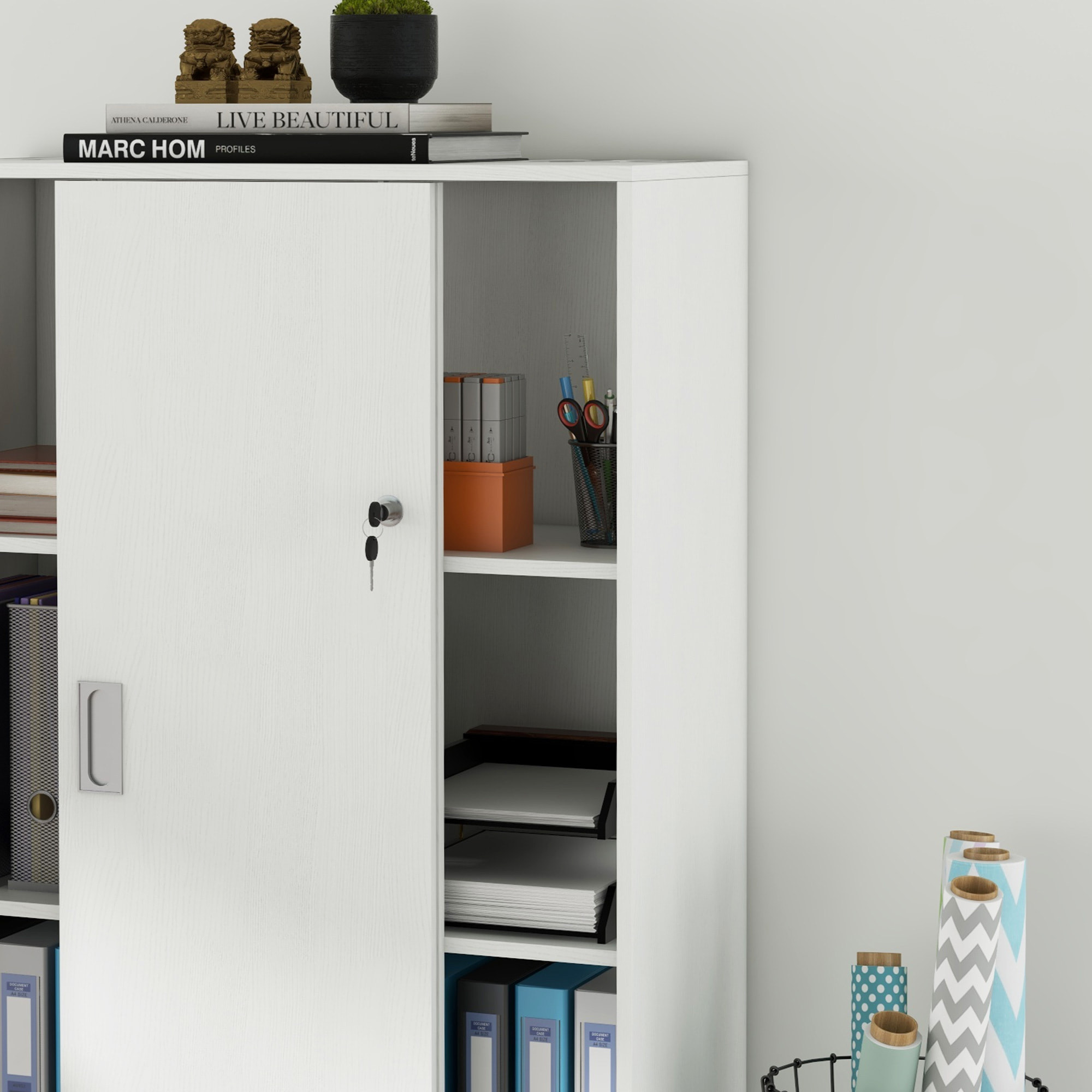 Armoire de bureau 2 portes coulissantes verrouillables dim. 80L x 40l x 120H cm 2 étagères panneaux particules blanc