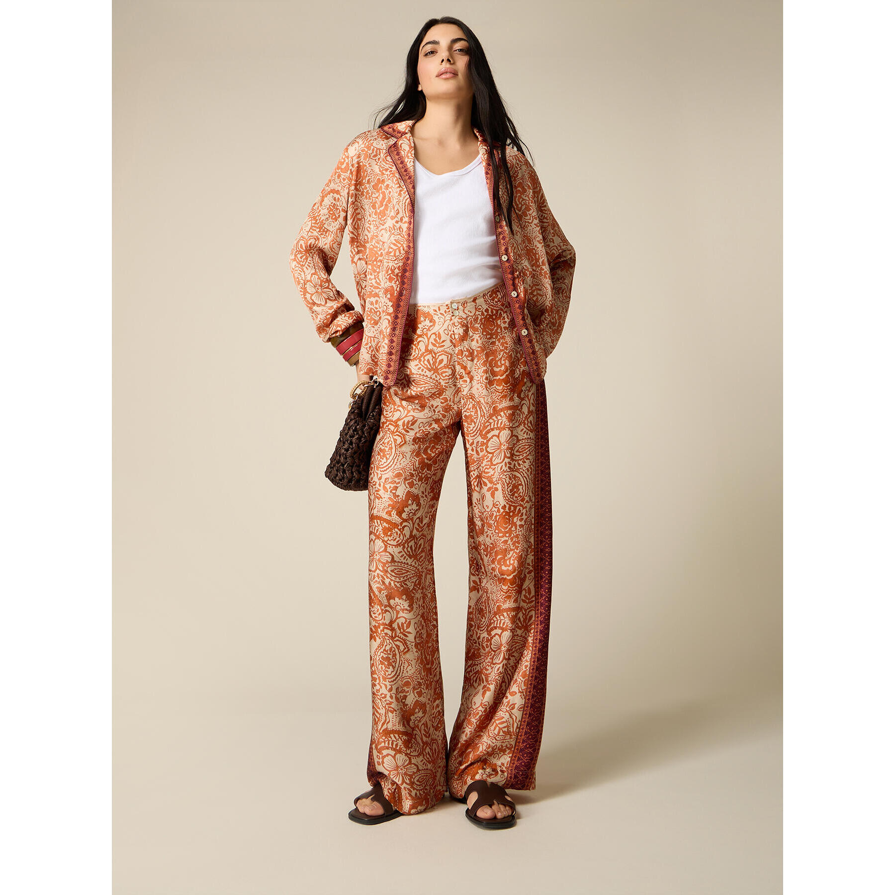 Oltre - Pantaloni palazzo in raso fantasia - Arancione