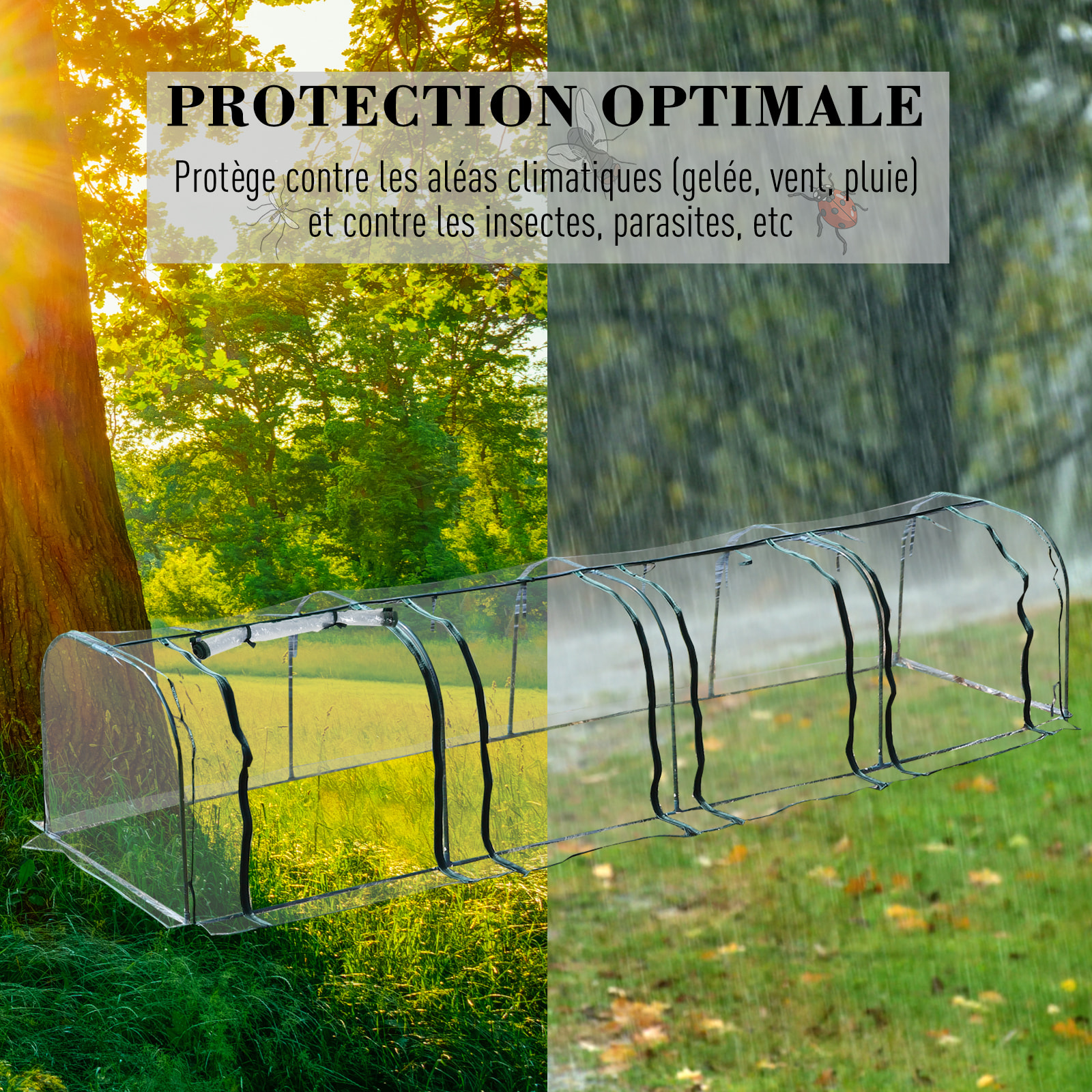 Serre de jardin tunnel 3,95L x 1l x 0,8H m 4 portes zippées bâche PVC transparent acier thermolaqué vert