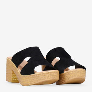 Sandalias de piel negras con tacón efecto esparto