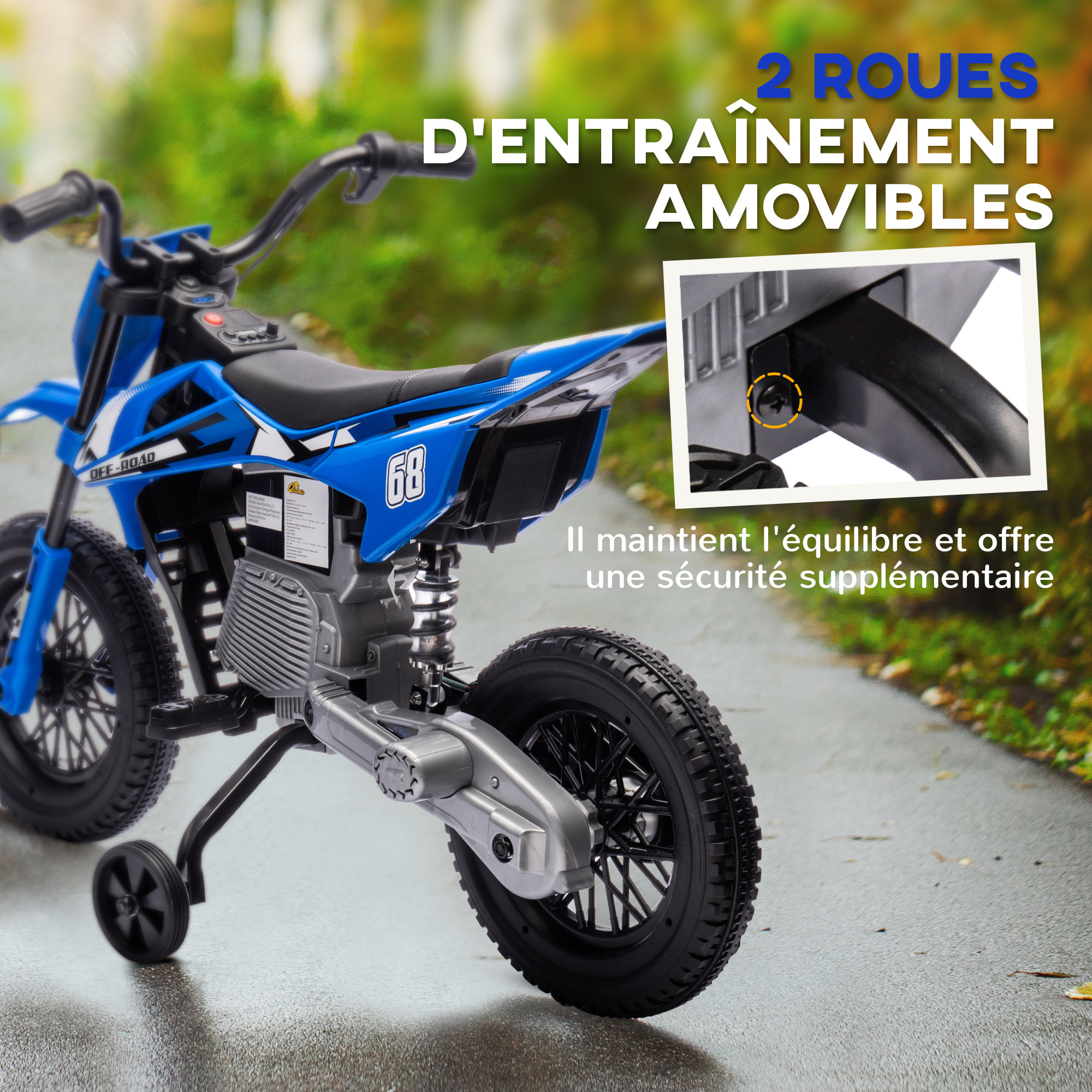 Moto cross électrique dirt bike enfant 12V 2 moteurs 2 vitesses 2,4-5 Km/h musiques bleu
