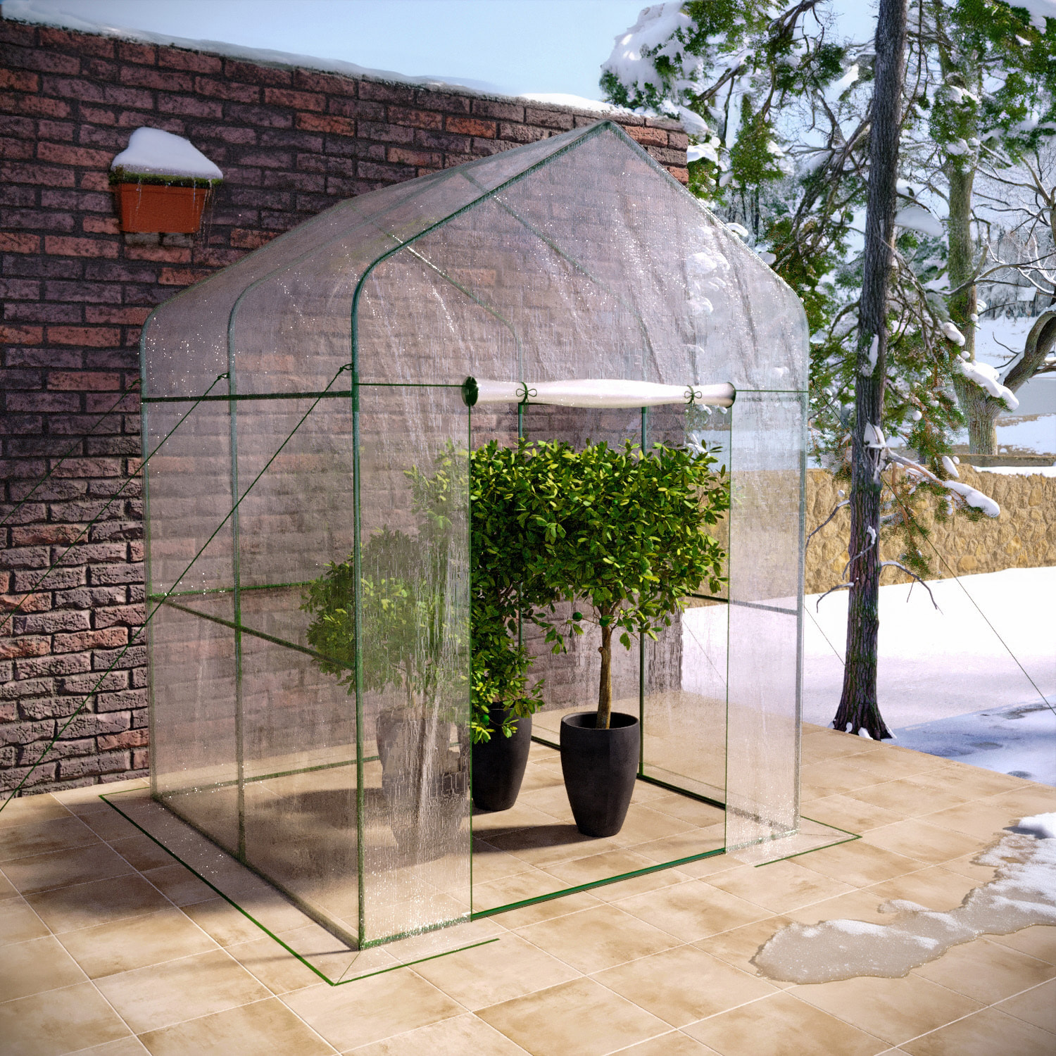 Serra Da Giardino Per Orto Senza Ripiani Telaio In Metallo Casetta In Acciaio Telo Trasparente PVC Porta Avvolgibile Apertura Cerniera 143x143x195 Cm