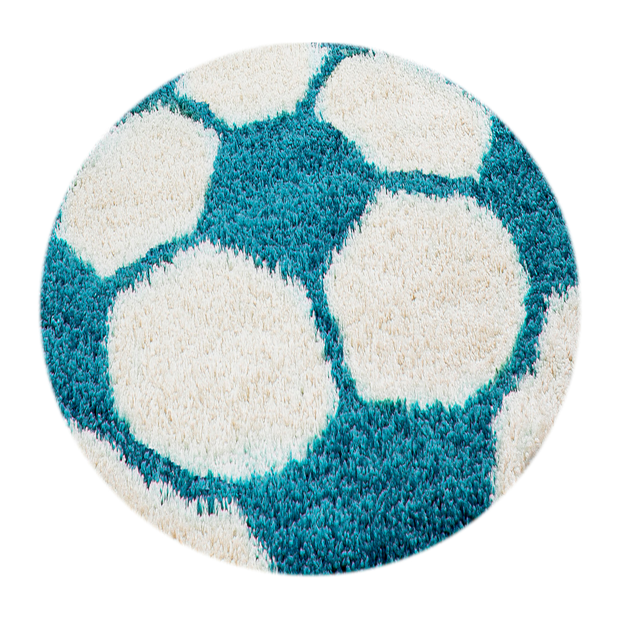 FUN - Tapis enfant shaggy rond à poils long motif ballon de foot turquoise
