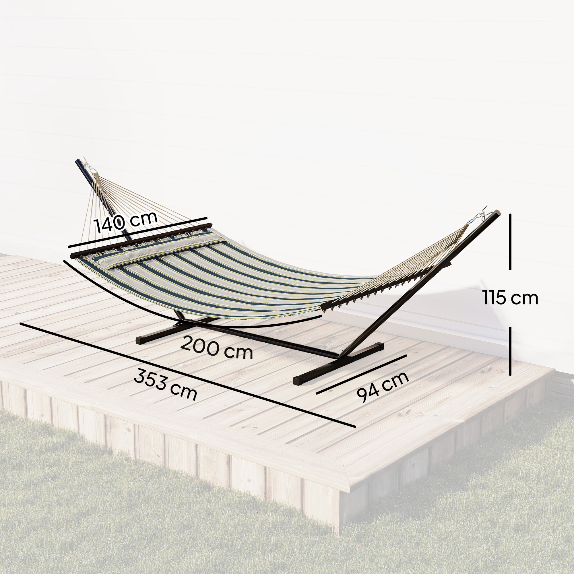 Hamaca con Soporte, Hamaca de Jardín Portátil con Almohada Desmontable, Barras Separadoras, Marco de Acero, Carga 120 kg, para Patio, Terraza, Diseño Rayas, 353x94x115 cm, Verde