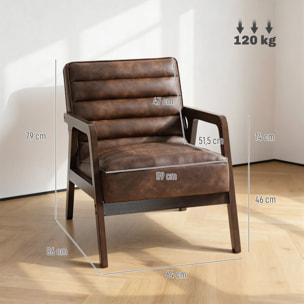 Butaca de Salón, Tapizado en PU, Sillón Lectura con Marco de Madera Maciza, Asiento Acolchado, Asiento Amplio, Butaca para Sala de Estar, Dormitorio, Marrón