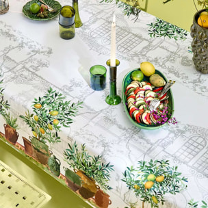 Nappe lin & coton lavé 190 g/m² imprimé vert marron Jardin provencal olive