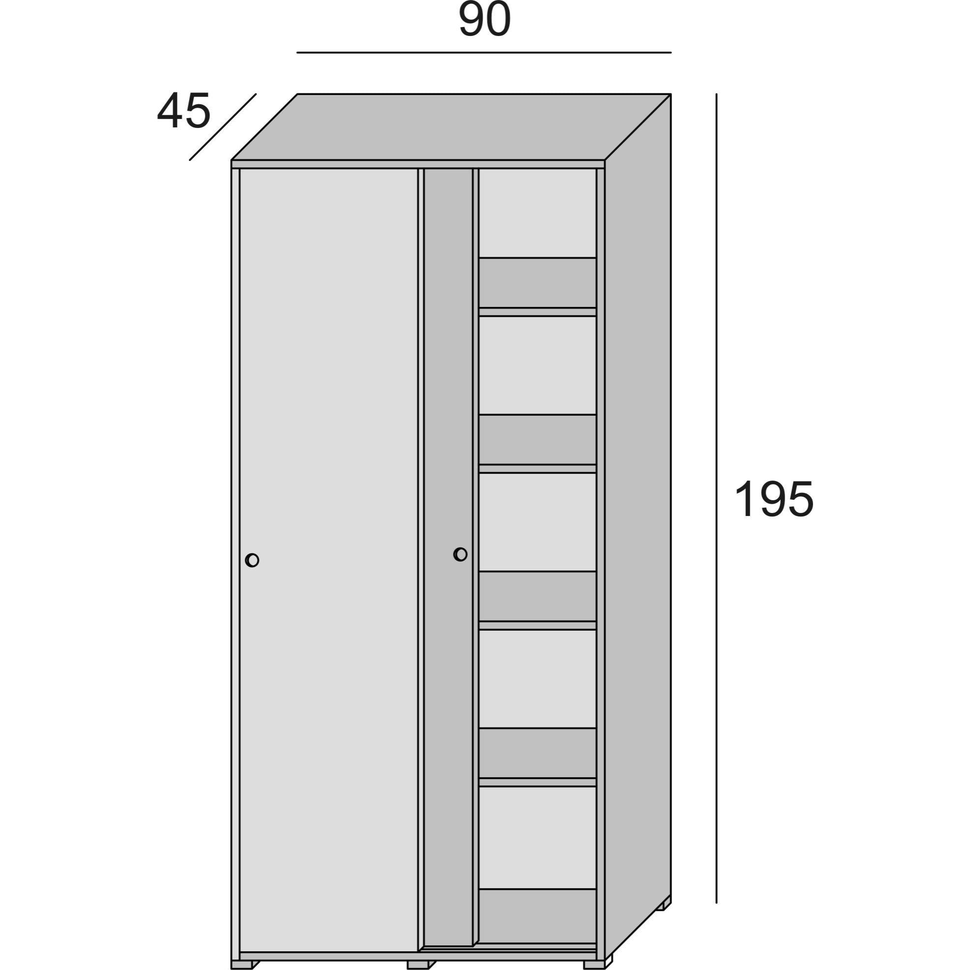 Guardaroba Dalia, Armadio a 2 ante scorrevoli e 4 ripiani, Mobile moderno multiuso per camera da letto, 100% Made in Italy, Cm 90x45h195, Rovere e Bianco