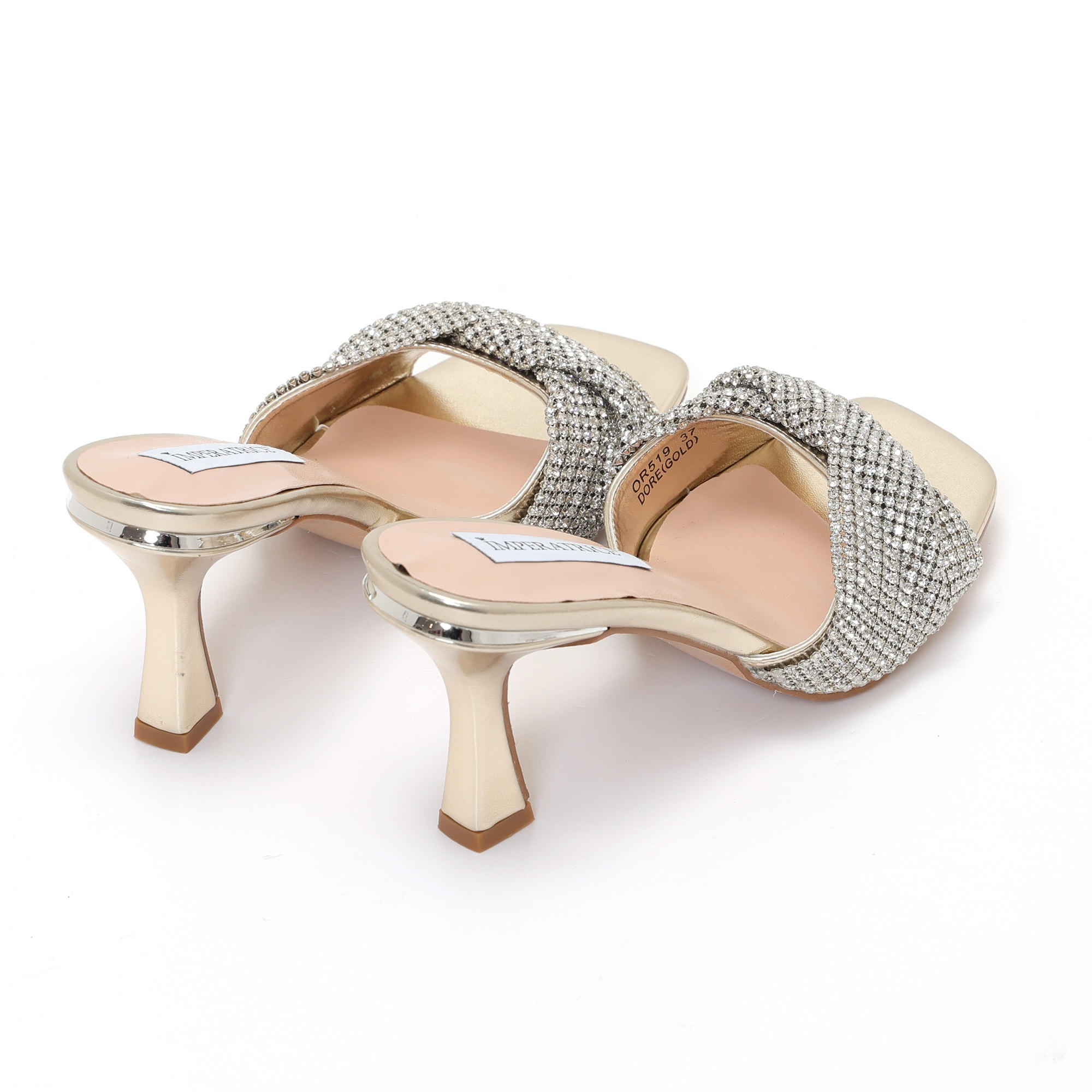 Sandali in simil pelle con tacco a rocchetto e fascia gioiello