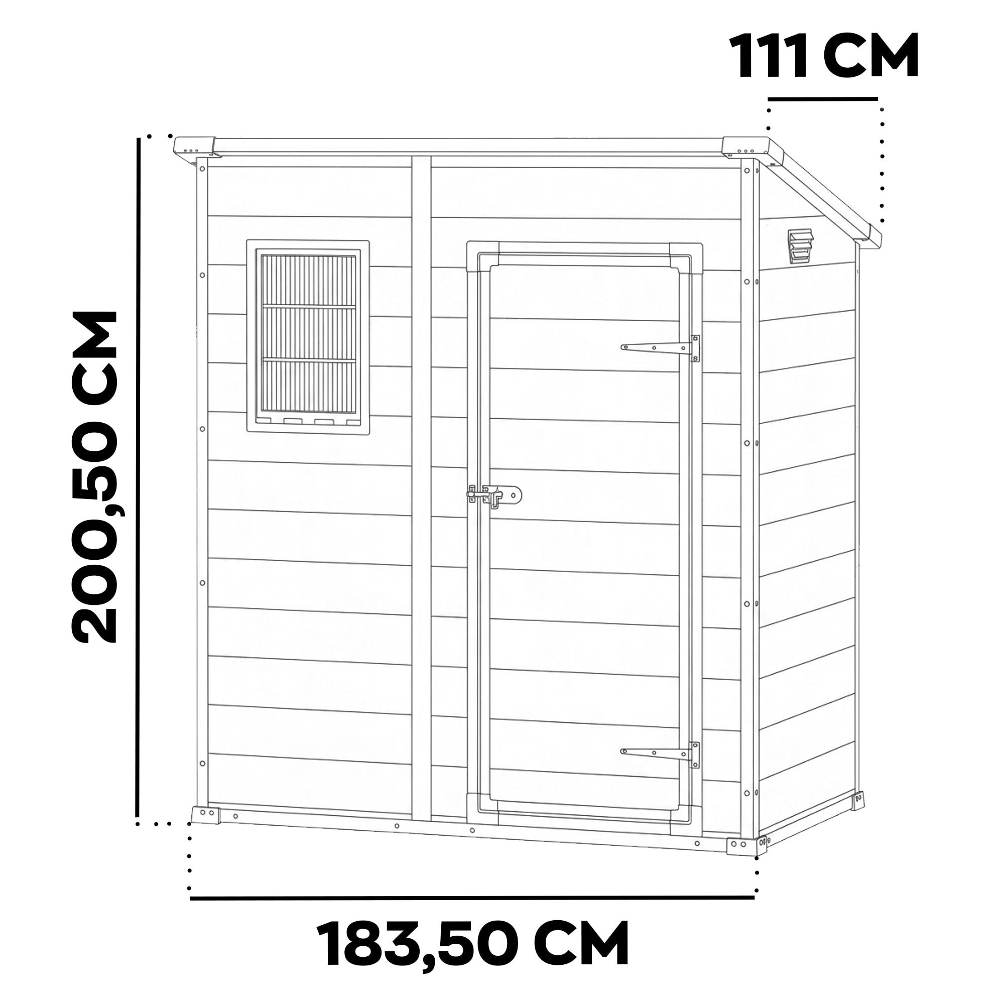 Manor Pent 6x4- Casetta da Giardino 183,50x200,50x111 cm 1 Anta per deposito attrezzi finitura effetto legno graffiato in Resina Grigio