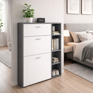Scarpiera Mobile Portascarpe Salvaspazio Ingresso Con 2 Ribalte Doppia Profondità 1 Cassetto 3 Vani A Giorno 90 x 101.5 x 26 Cm Bianco e Grafite