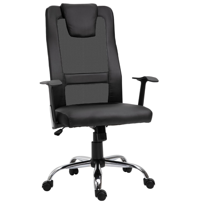 HOMCOM Fauteuil de bureau ergonomique hauteur assise réglable pivotant 360° revêtement synthétique et maille noir