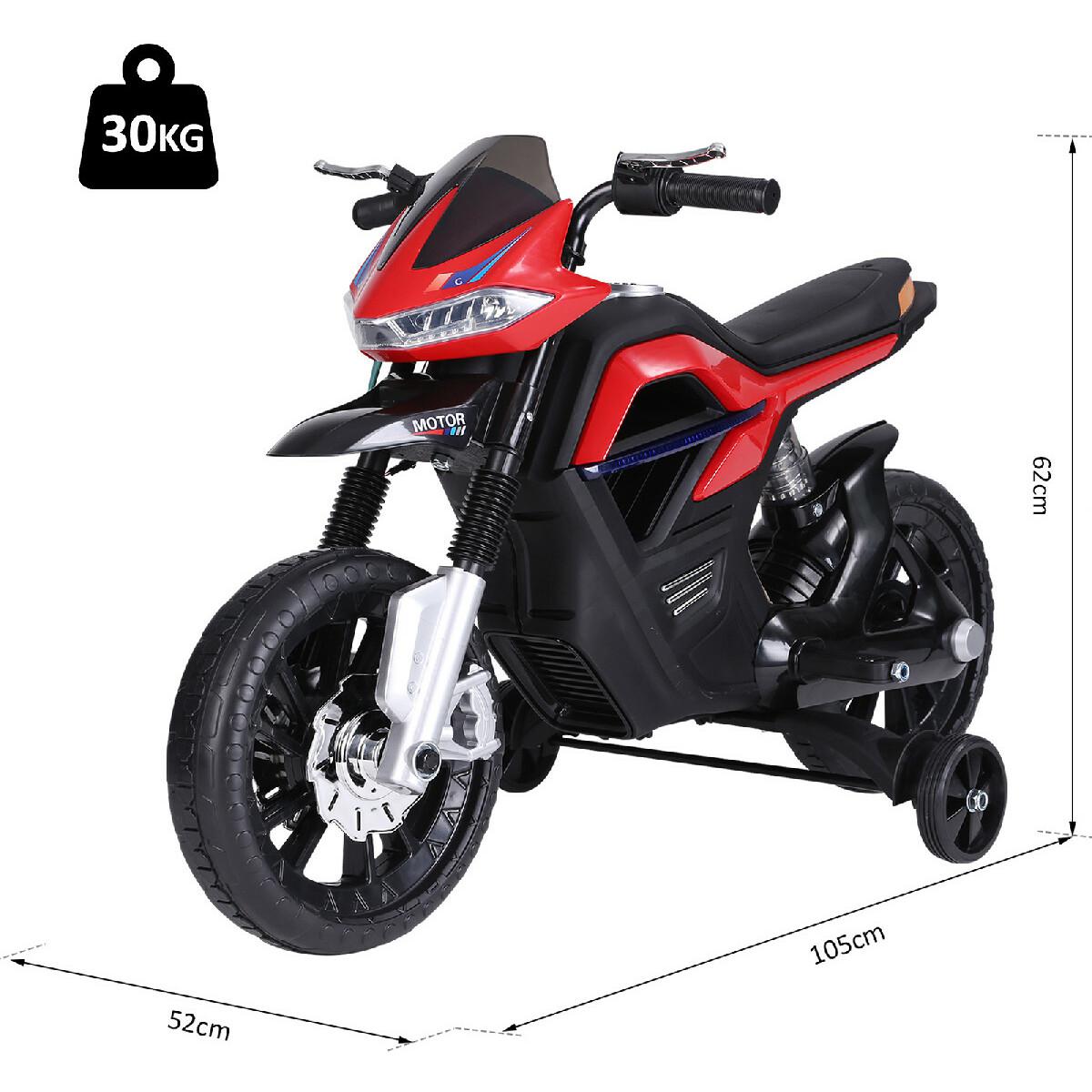 Moto électrique pour enfants 25 W 6 V 3 Km/h effets lumineux et sonores roulettes amovibles rouge