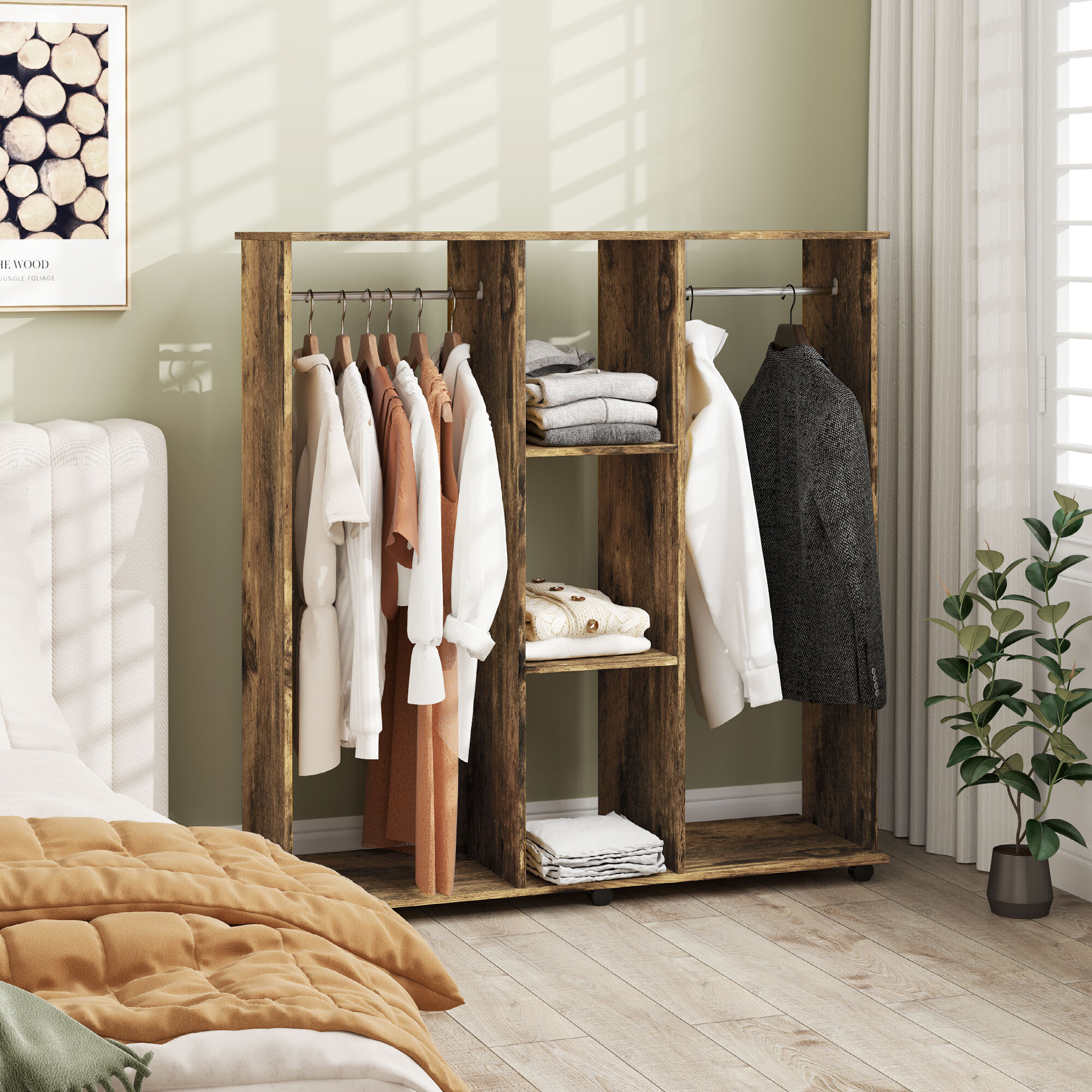Armoire penderie meuble de rangement mobile 6 roulettes 120L x 40l x 128H cm panneaux de particules aspect bois vieilli