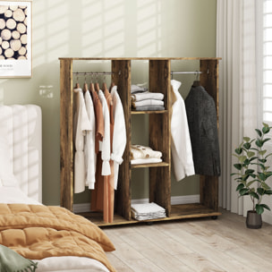 Armoire penderie meuble de rangement mobile 6 roulettes 120L x 40l x 128H cm panneaux de particules aspect bois vieilli
