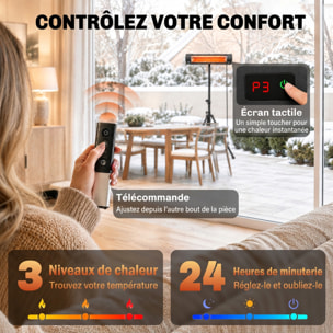 Radiateur infrarouge sur pieds réglable  830/1660/2500W 3 niv. télécommande housse alu noir