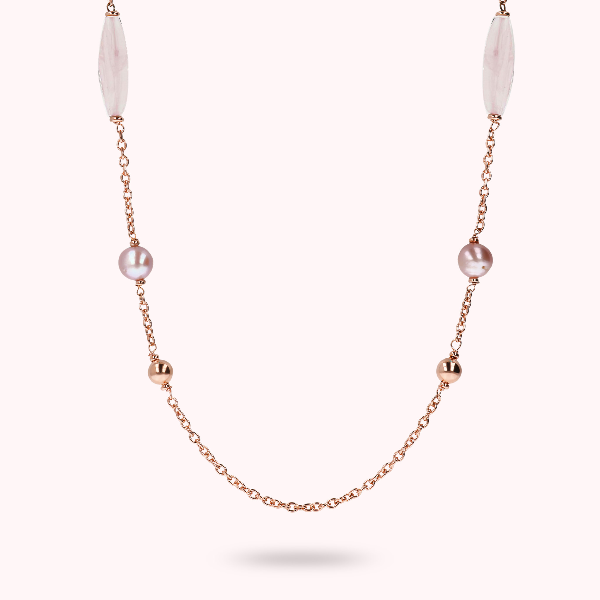 Collana Lunga con Bead Lucide, Quarzo Rosa e Perle Ming d'Acqua Dolce Ø 9/10 mm