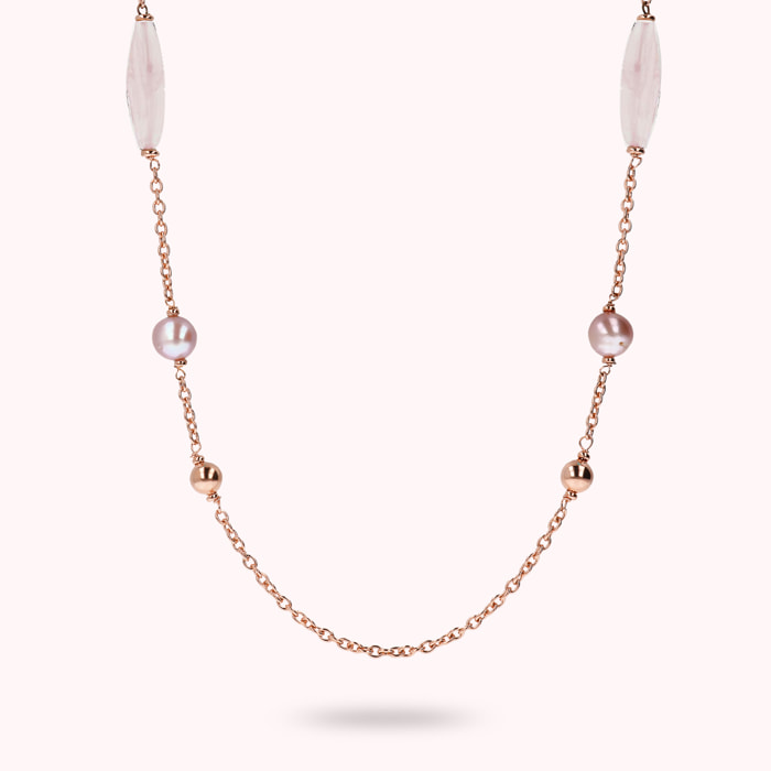 Collana Lunga con Bead Lucide, Quarzo Rosa e Perle Ming d'Acqua Dolce Ø 9/10 mm